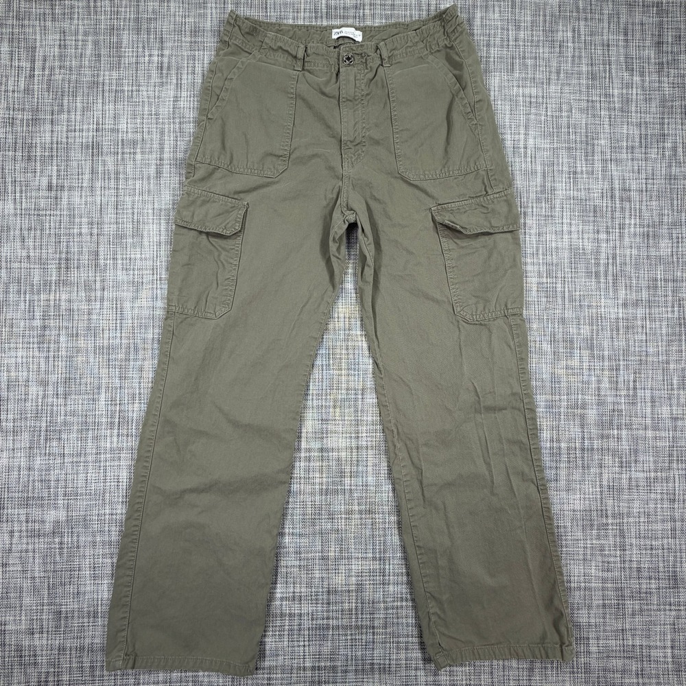 Zara Women Cargo Pants Olive Green Cotton Straight Leg Utility Pockets Size 10
